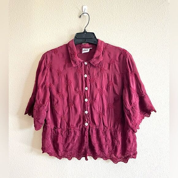 Johnny Was Lace Floral Semi Sheer Collar Button Front Top - Picture 1 of 9